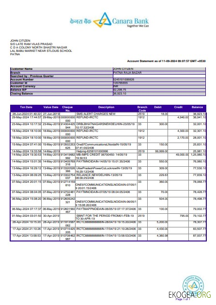 Relevé bancaire Inde Canara 3 – 6 mois Exemple Word et PDF, version 2